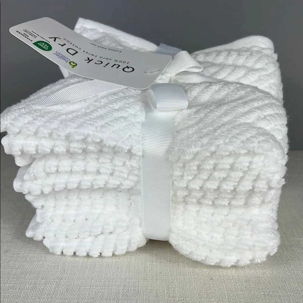 Quick Dry White Washcloths 100% Zero Twist Cotton Textured 6 Piece Set NEW